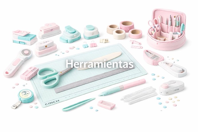 Herramientas para manualidades y scrapbook como tijeras, regla, cortadores y accesorios de corte