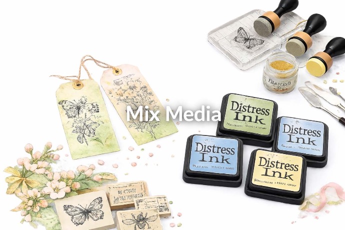 Materiales de mix media para manualidades como sellos, tintas distress y herramientas de estampado