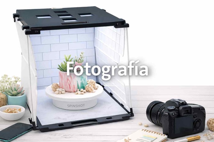 Accesorios de fotografía para productos como cajas de luz, bases giratorias y fondos para fotos