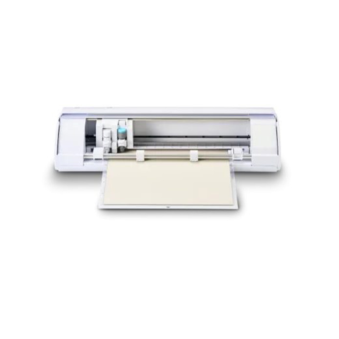 Plotter de corte Silhouette Cameo blanco trabajando y cortando material en Costa Rica