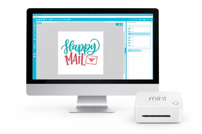 Silhouette Mint junto a computadora con software Mint Studio para diseñar sellos personalizados