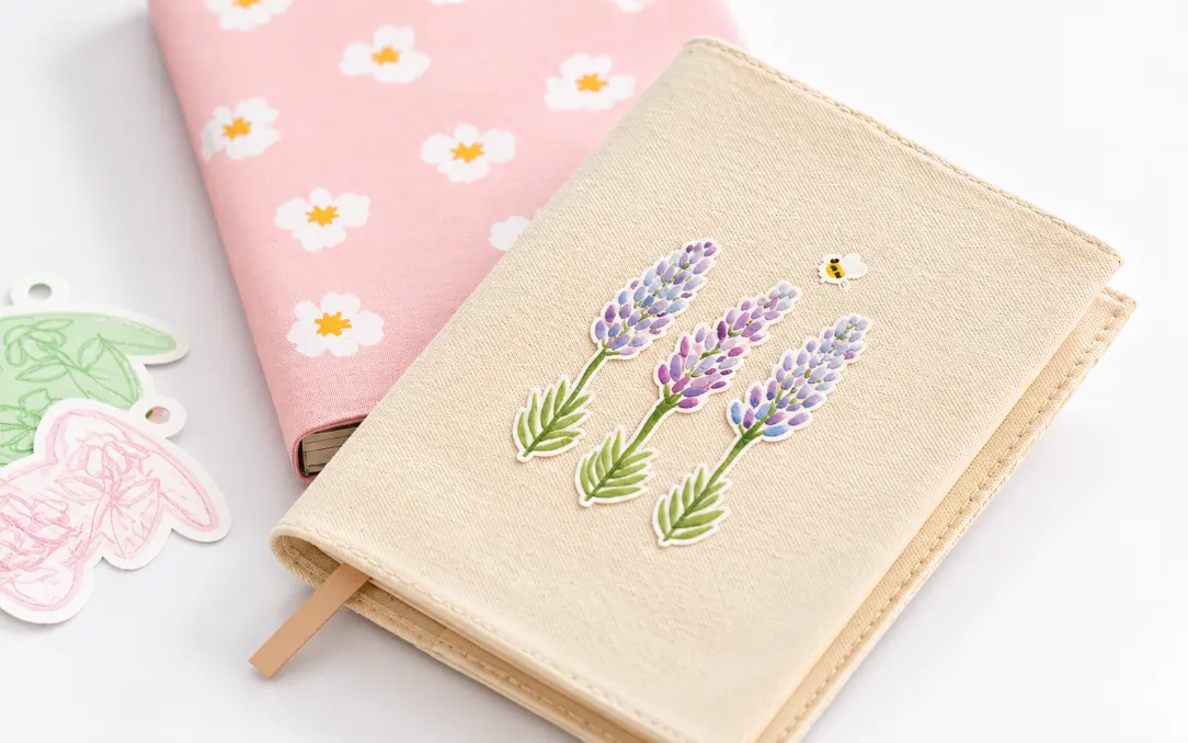 Cuadernos con portadas de tela personalizadas con diseños florales mediante transferencia térmica.